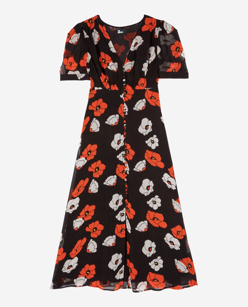 The Kooples FEMME BLACK RED OFF WHITE robe longue imprim&eacute; fleuri noire