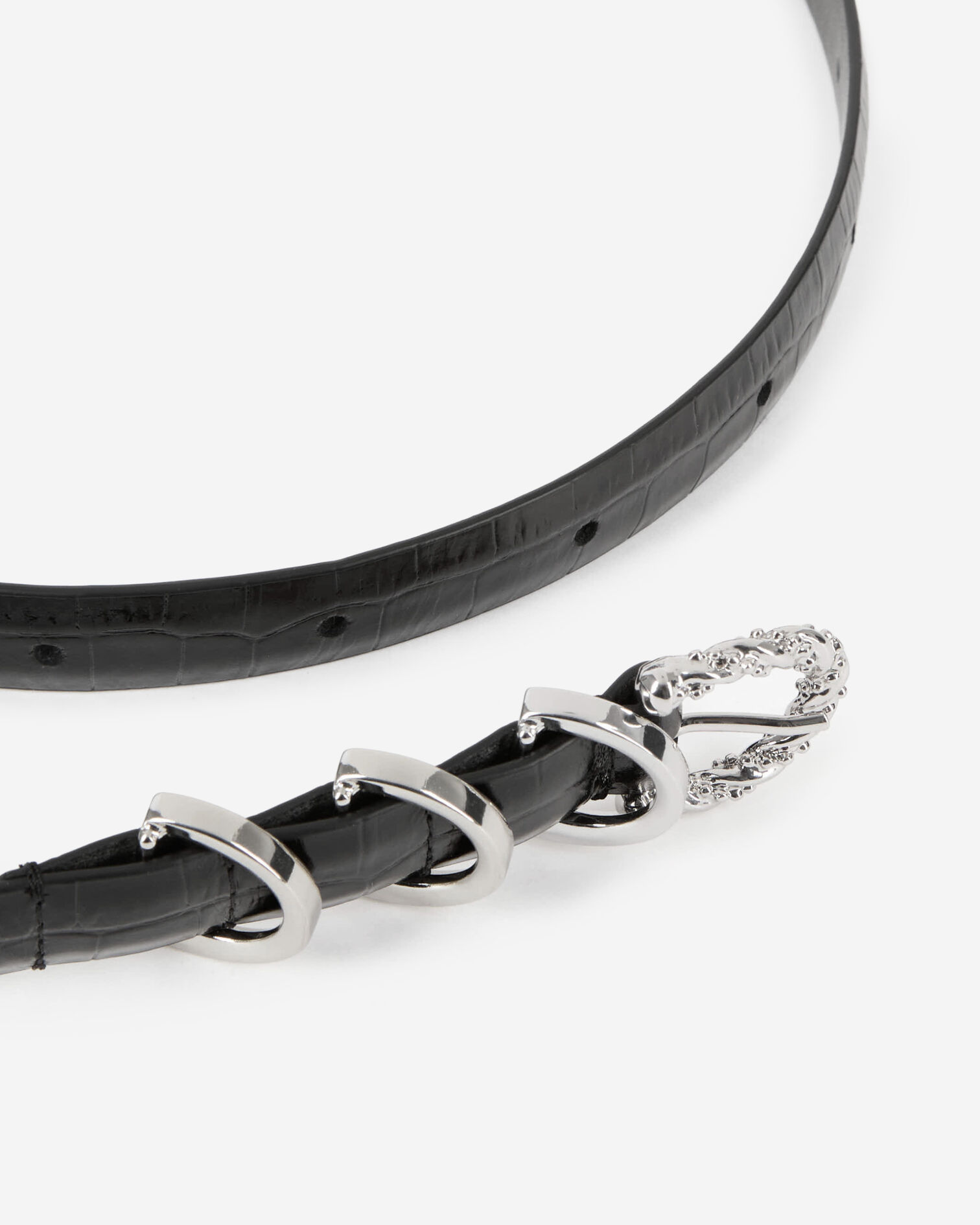 Thin black crocodile-effect leather belt, BLACK, hi-res image number null