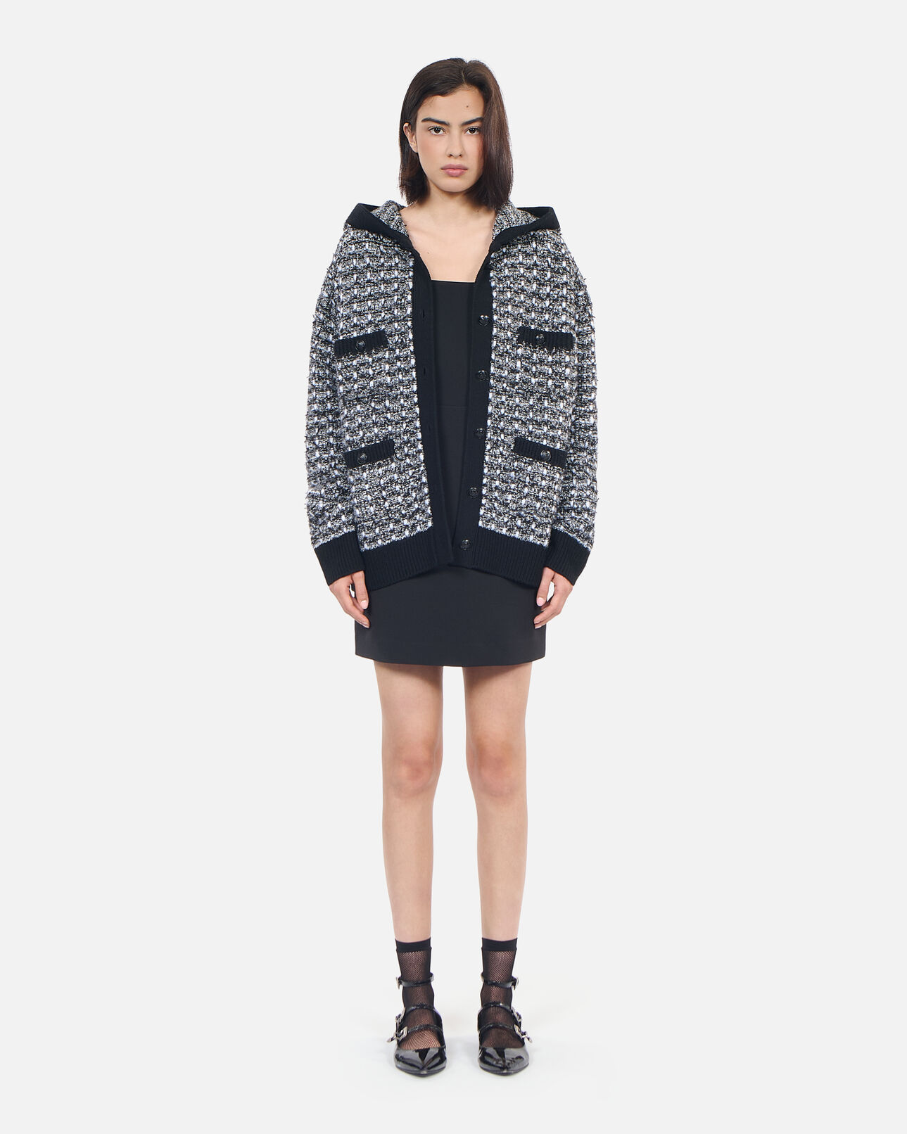 The Kooples FEMME BLACK / WHITE cardigan à capuche en tweed noir et blanc