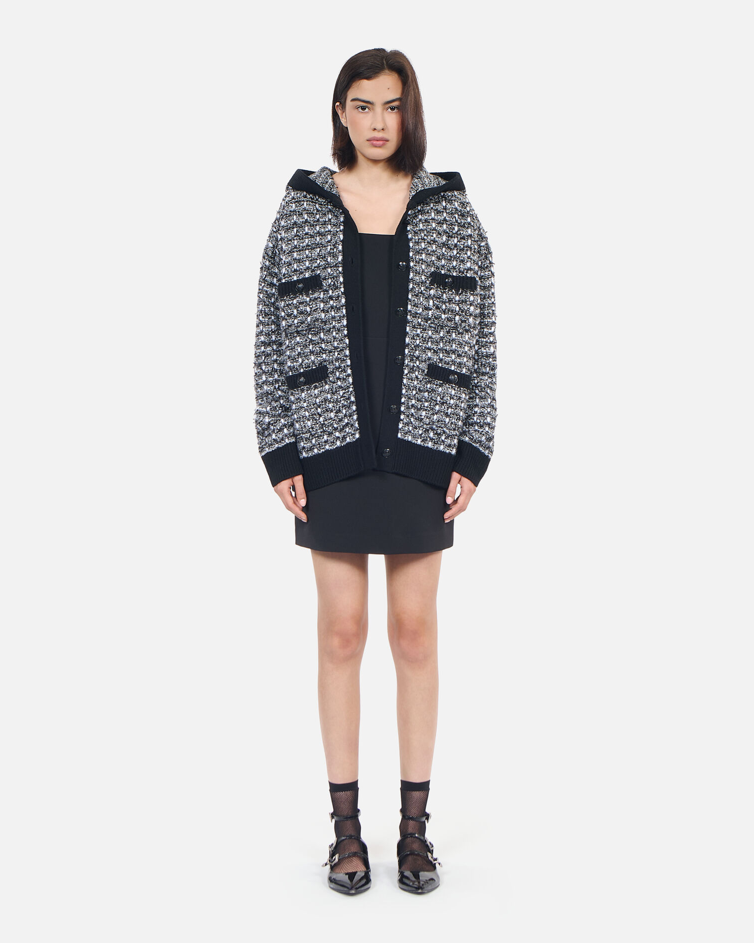 Cardigan à capuche en tweed noir et blanc, BLACK / WHITE, hi-res image number null