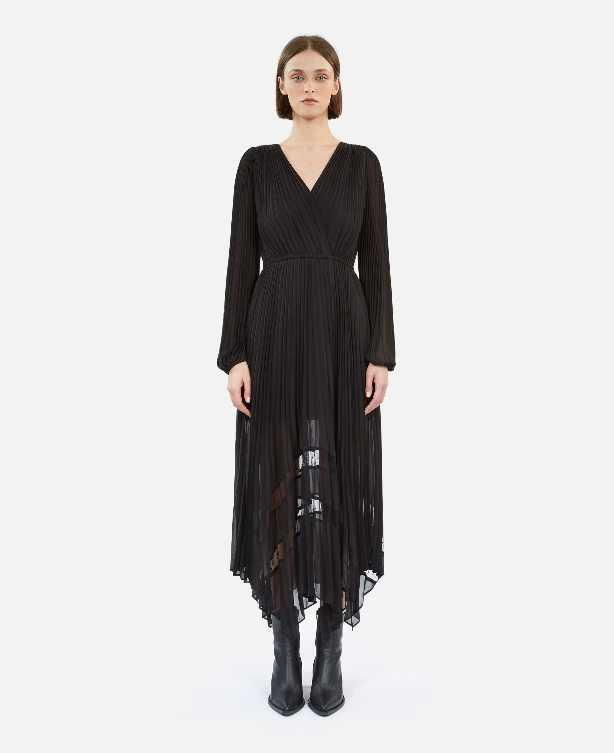 Black long sleeve pleated dress online