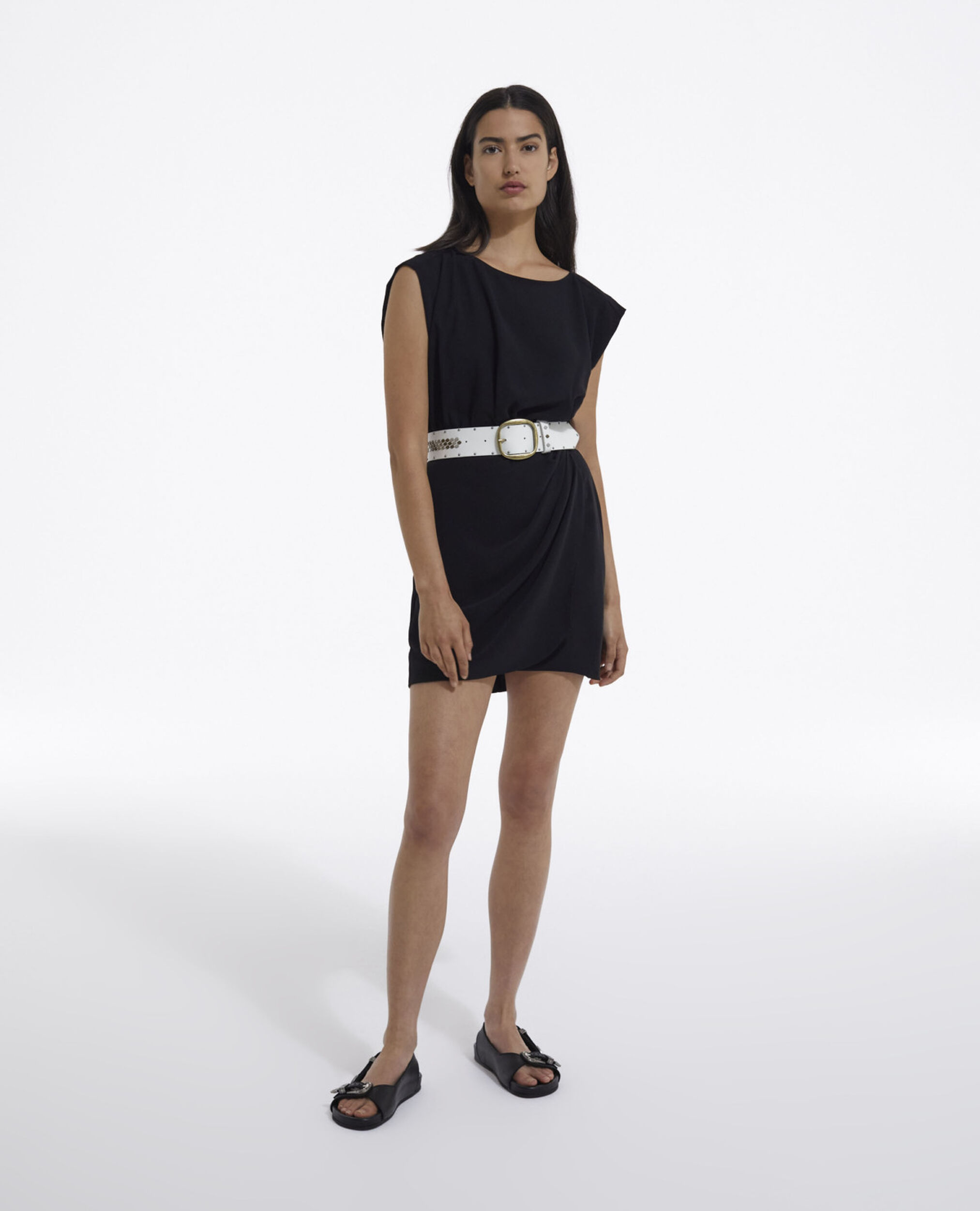 Short black wrap dress in crepe fabric, BLACK, hi-res image number null