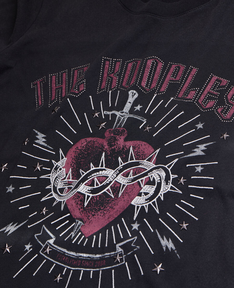 women's black t-shirt with dagger through heart serigraphy