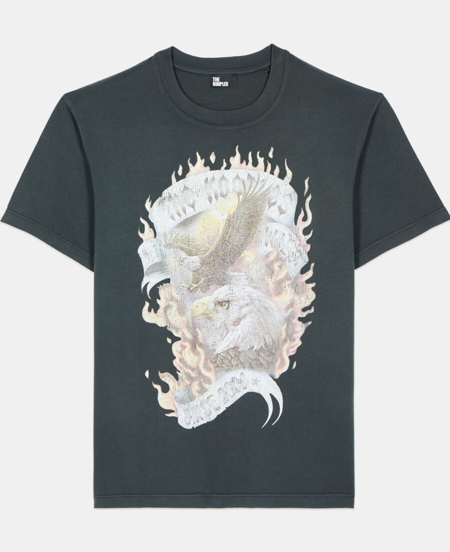 The Kooples DAMEN BLACK WASHED schwarzes t-shirt &bdquo;eagles on fire&ldquo;