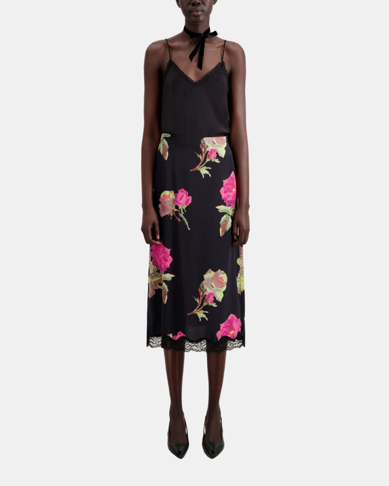 Long printed silk skirt with lace, PINK BLACK, hi-res image number null