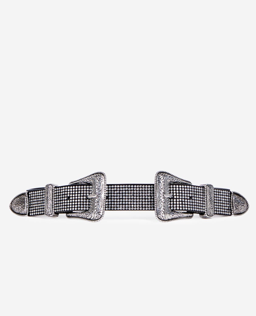 The Kooples WOMEN ANTIC SILVER leather belt with rhinestones and double western buckle