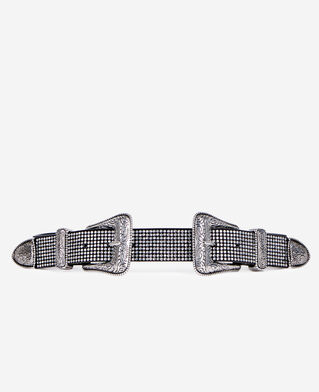 The Kooples WOMEN ANTIC SILVER leather belt with rhinestones and double western buckle