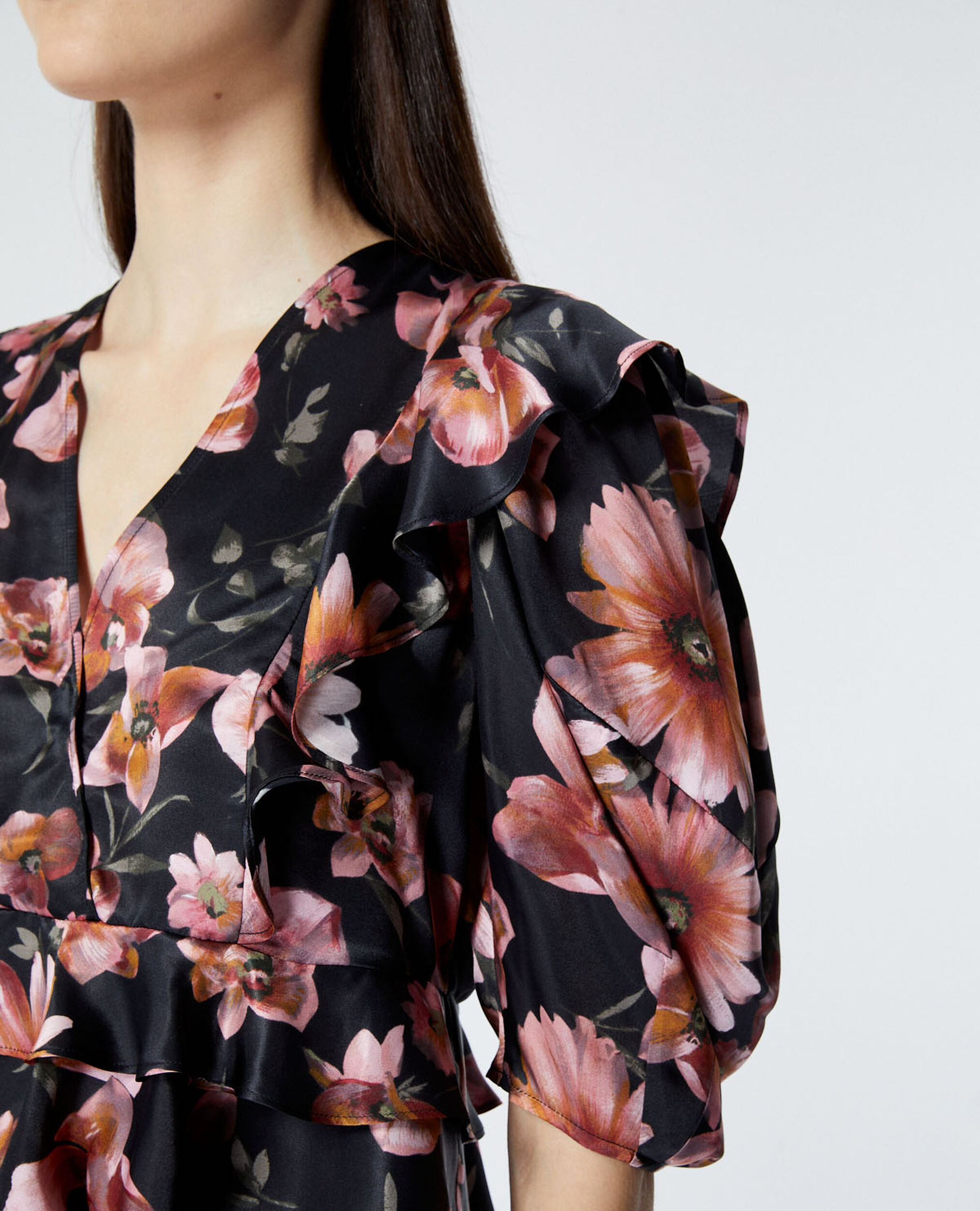 Frilly black top with floral print, BLACK, hi-res image number null
