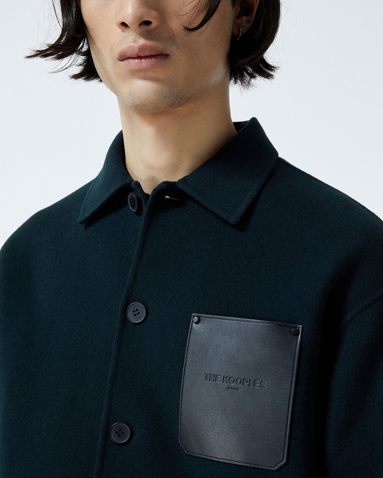 The Kooples HOMME BOTTLE GREEN chemise laine vert bouteille poche cuir