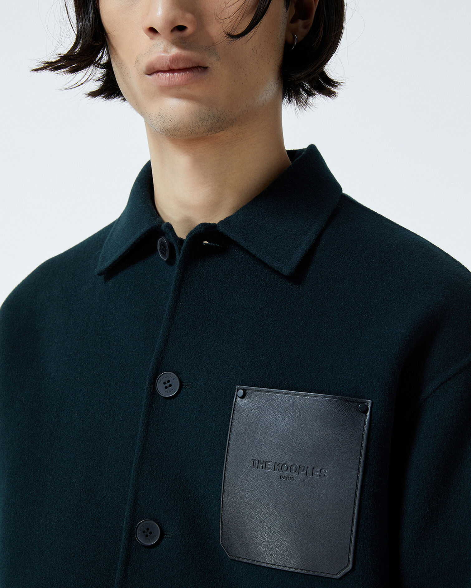 Chemise laine vert bouteille poche cuir, BOTTLE GREEN, hi-res image number null
