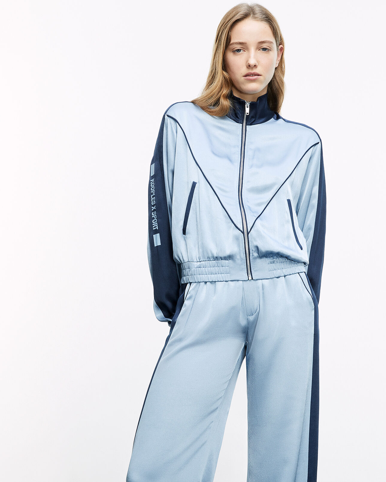 The Kooples FEMME BLUE sweat bleu ciel zippé bandes contrastées