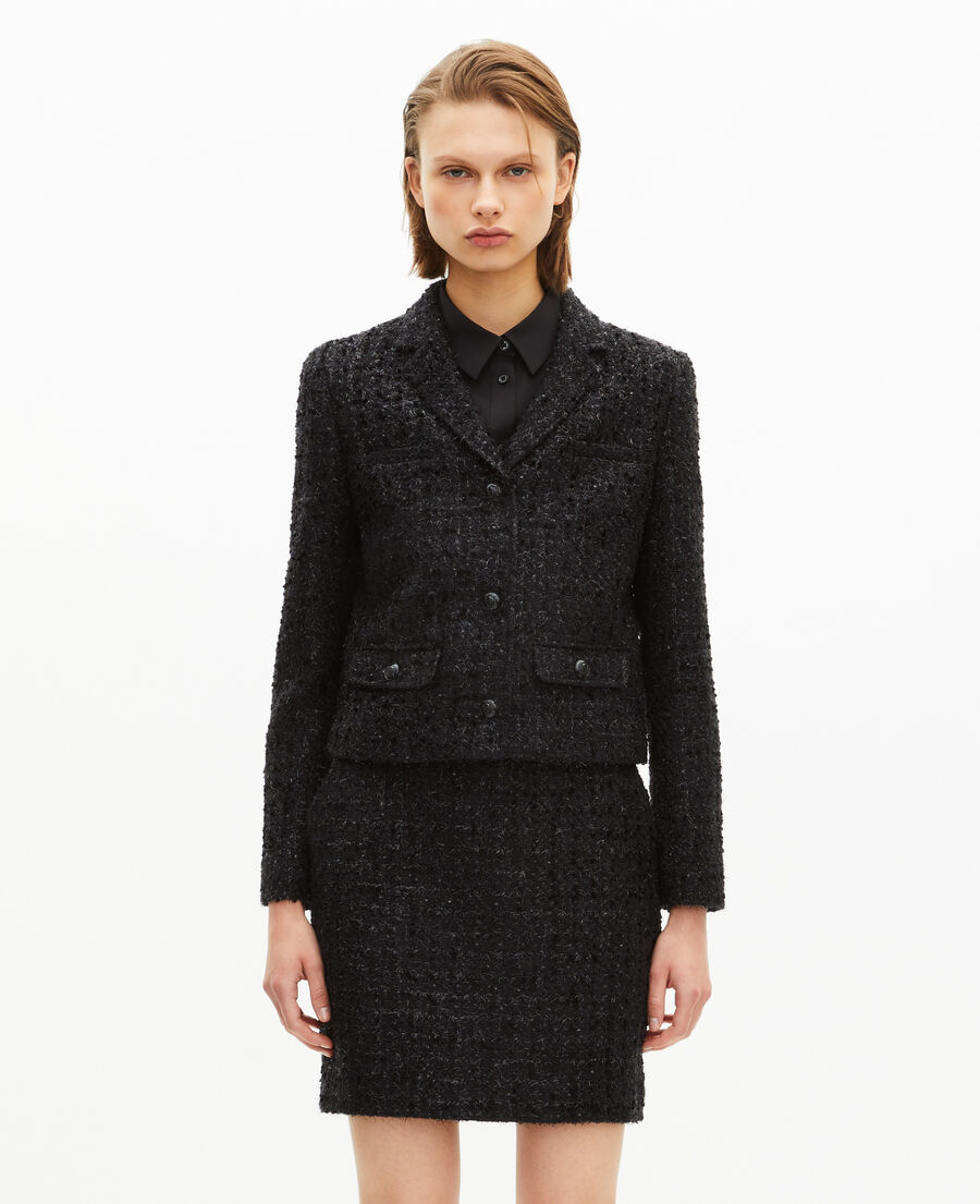 The Kooples DAMEN BLACK kurze jacke aus glänzendem tweed in schwarz