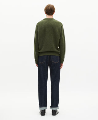 The Kooples MEN GREEN polo neck wool sweater with contrasting khaki stripes