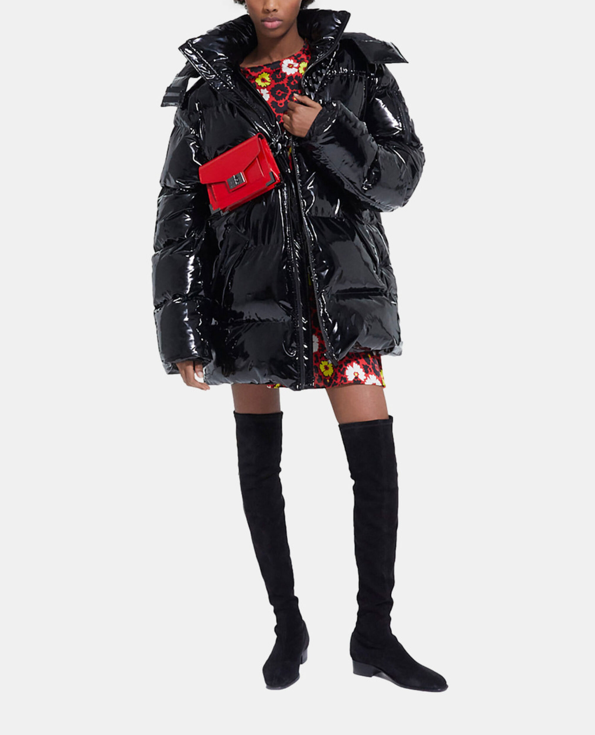 Black oversized vinyl down jacket with straps and logo, BLACK, hi-res image number null