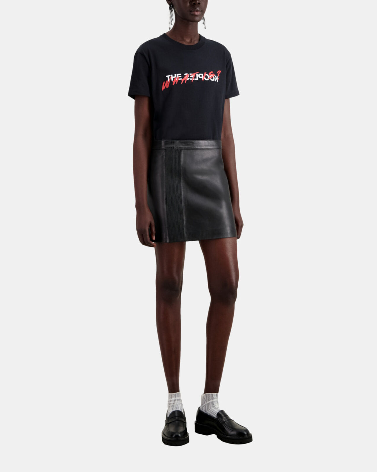 The Kooples WOMEN BLACK short black leather skirt with zip and pintuck details