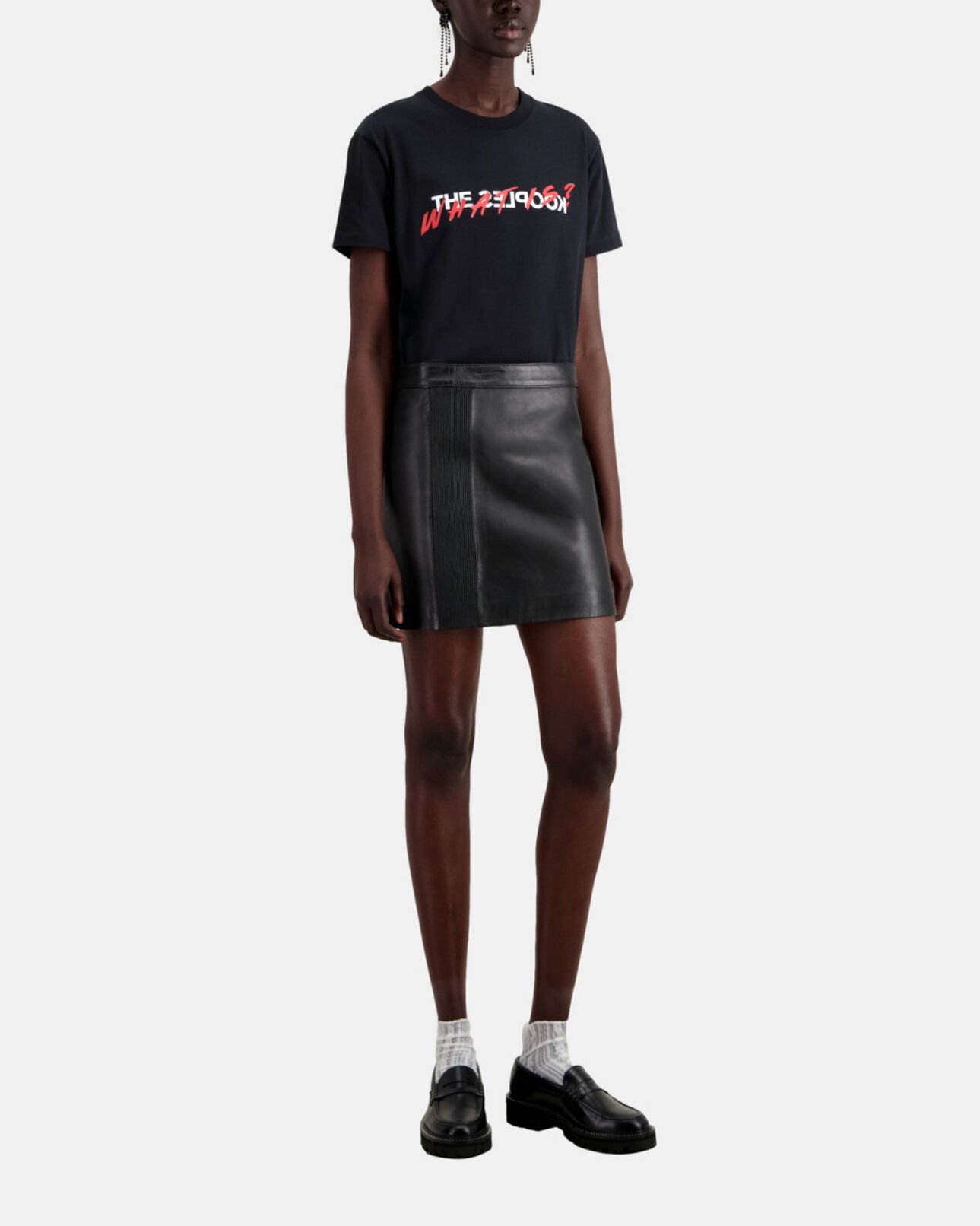 The Kooples WOMEN BLACK short black leather skirt with zip and pintuck details