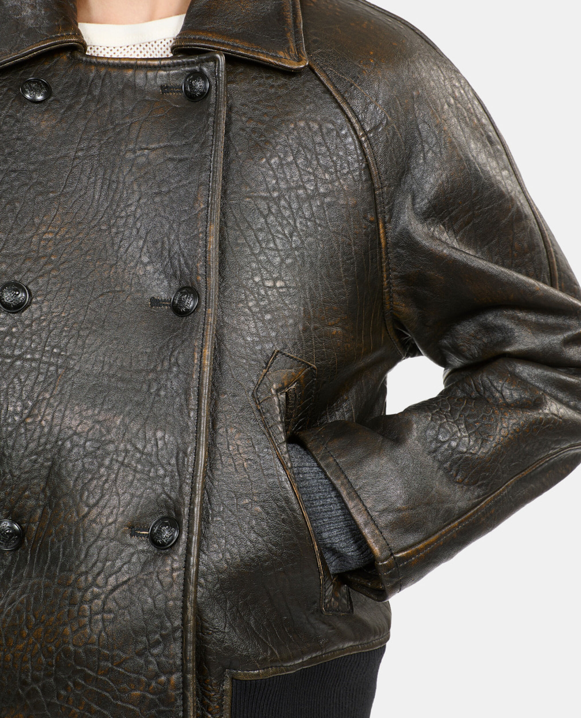 Blouson en cuir marron, DARK BROWN, hi-res image number null