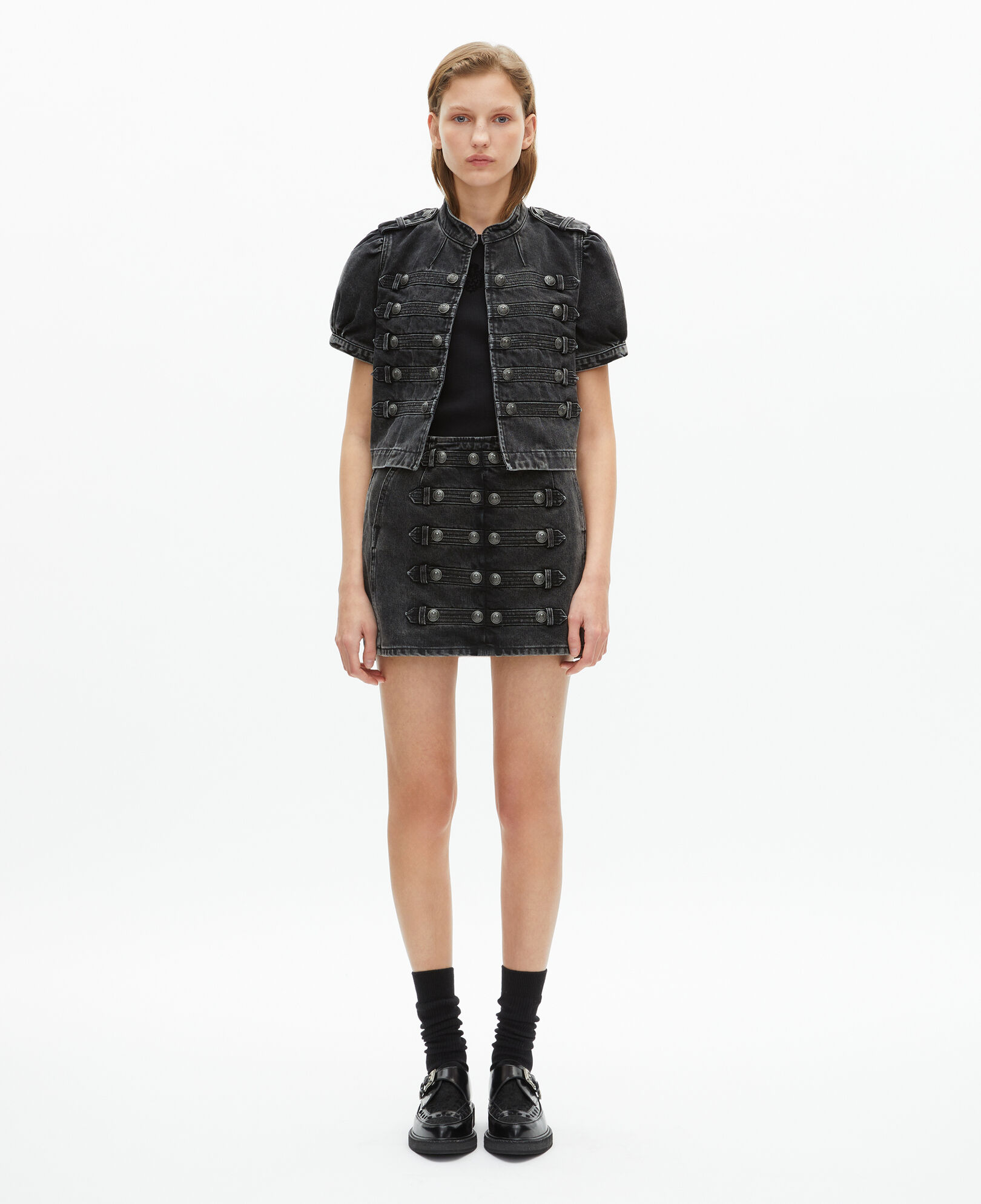 The Kooples WOMEN BLACK WASHED grey denim officer style jacket