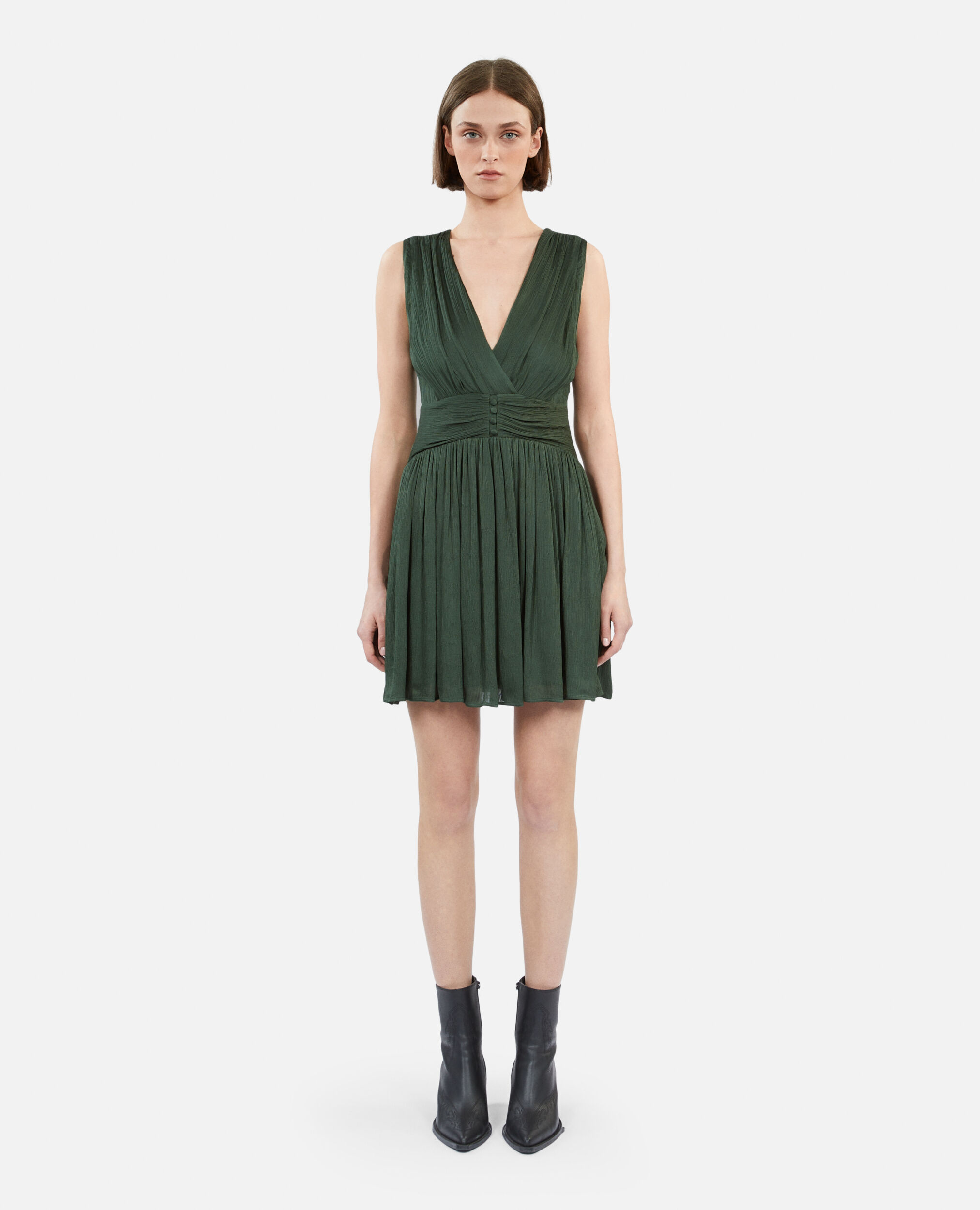 Short green crinkle fabric dress, WOOD KAKI, hi-res image number null