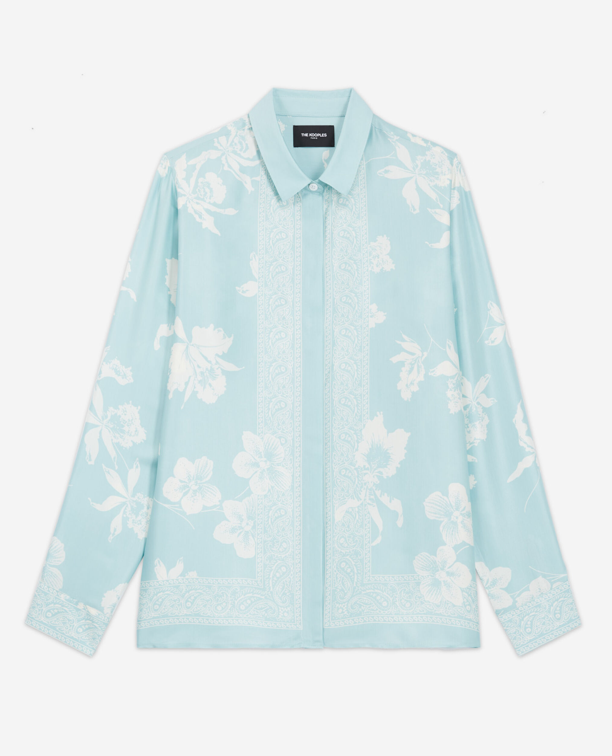 Satin blue and white shirt with floral motif, BLUE WHITE, hi-res image number null