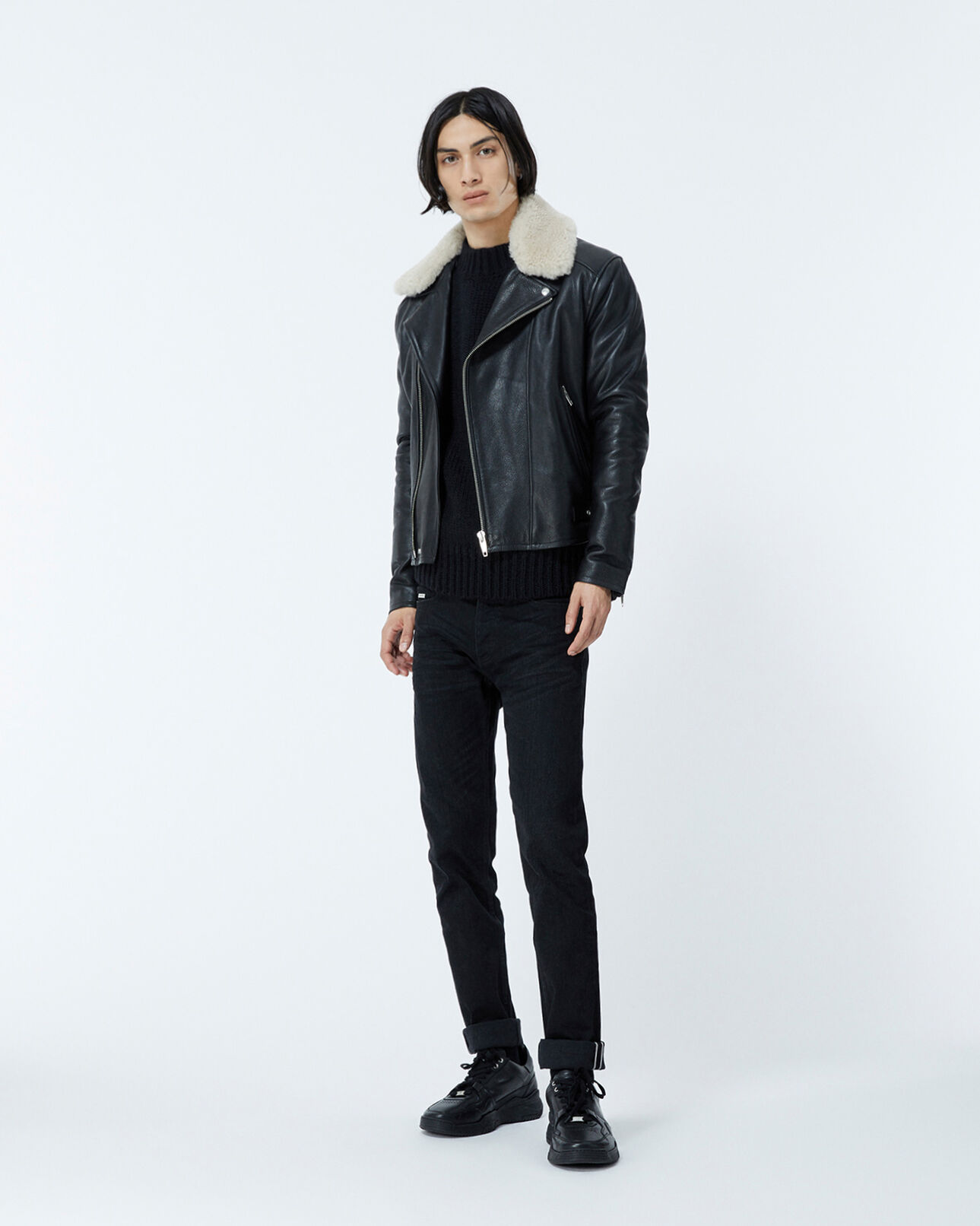 The Kooples MEN BLACK-ECRU black leather jacket w/white sheepskin collar