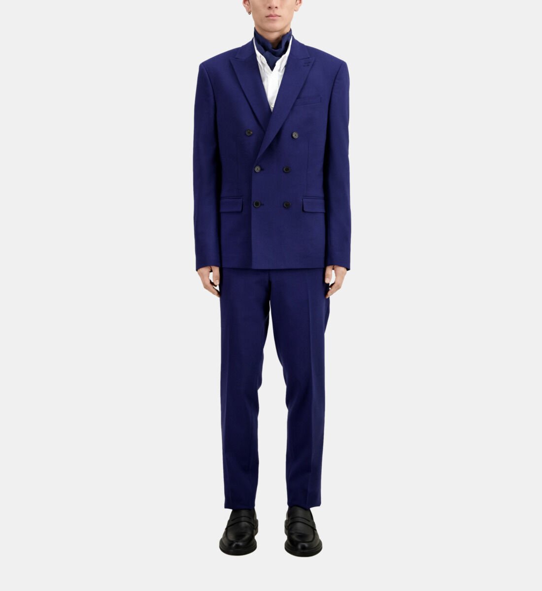 Bright blue wool double breasted suit jacket