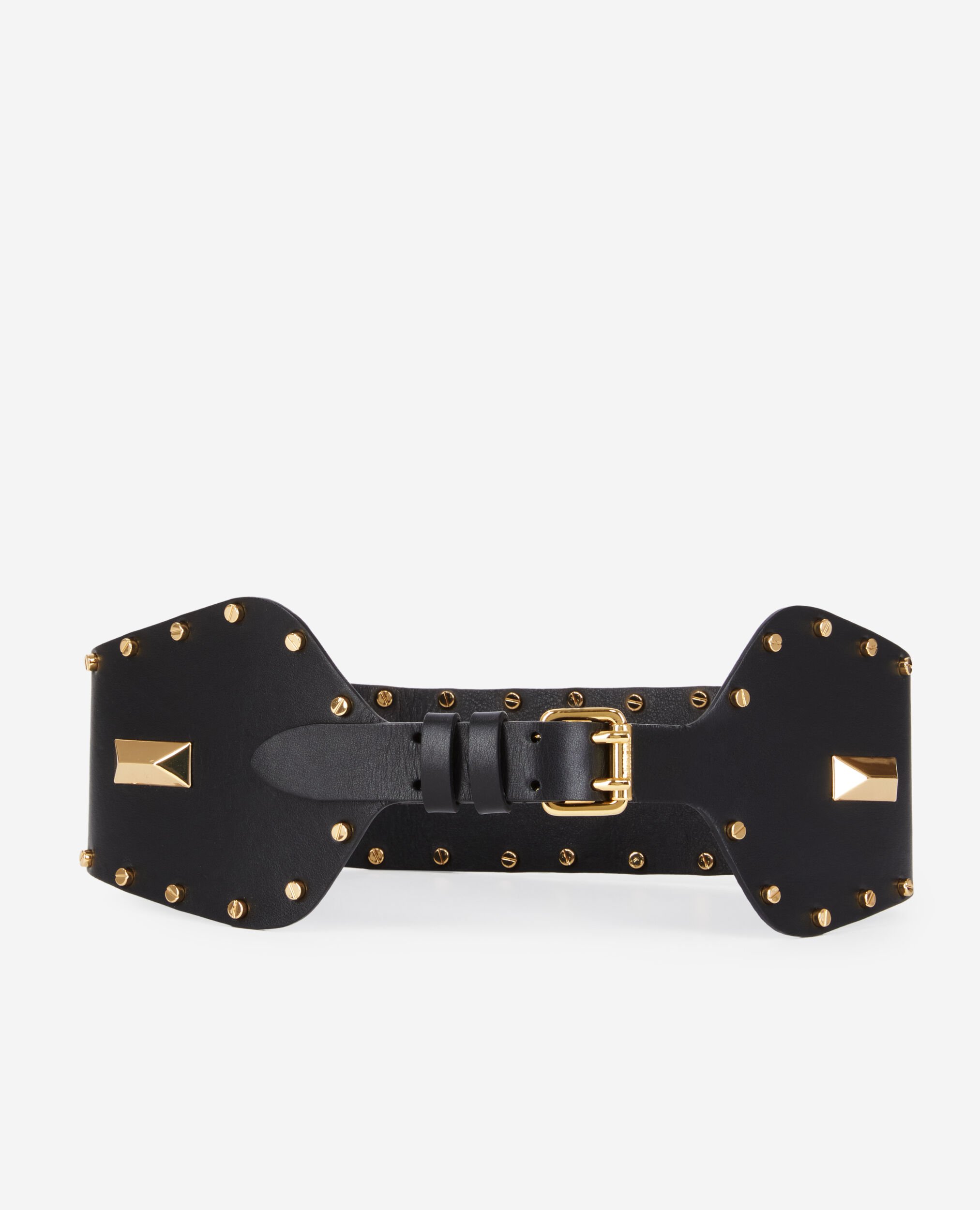 Ceinture large en cuir noir avec clous et empiècements métalliques, BLACK, hi-res image number null