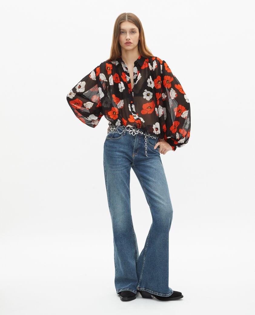 The Kooples WOMEN BLACK RED OFF WHITE loose-fitting black floral print shirt