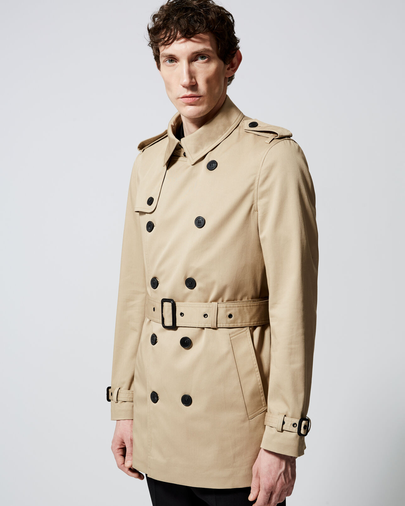The Kooples HERREN BEIGE zweireihiger kurzer trenchcoat in beige