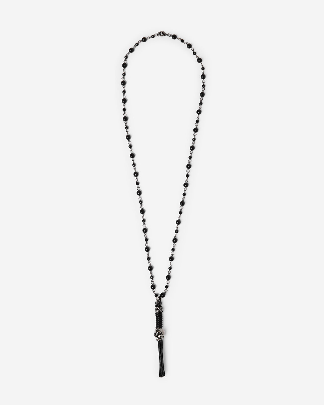The Kooples UNISEX BLACK schwarze perlenhalskette mit silberfarbenem totenkopf