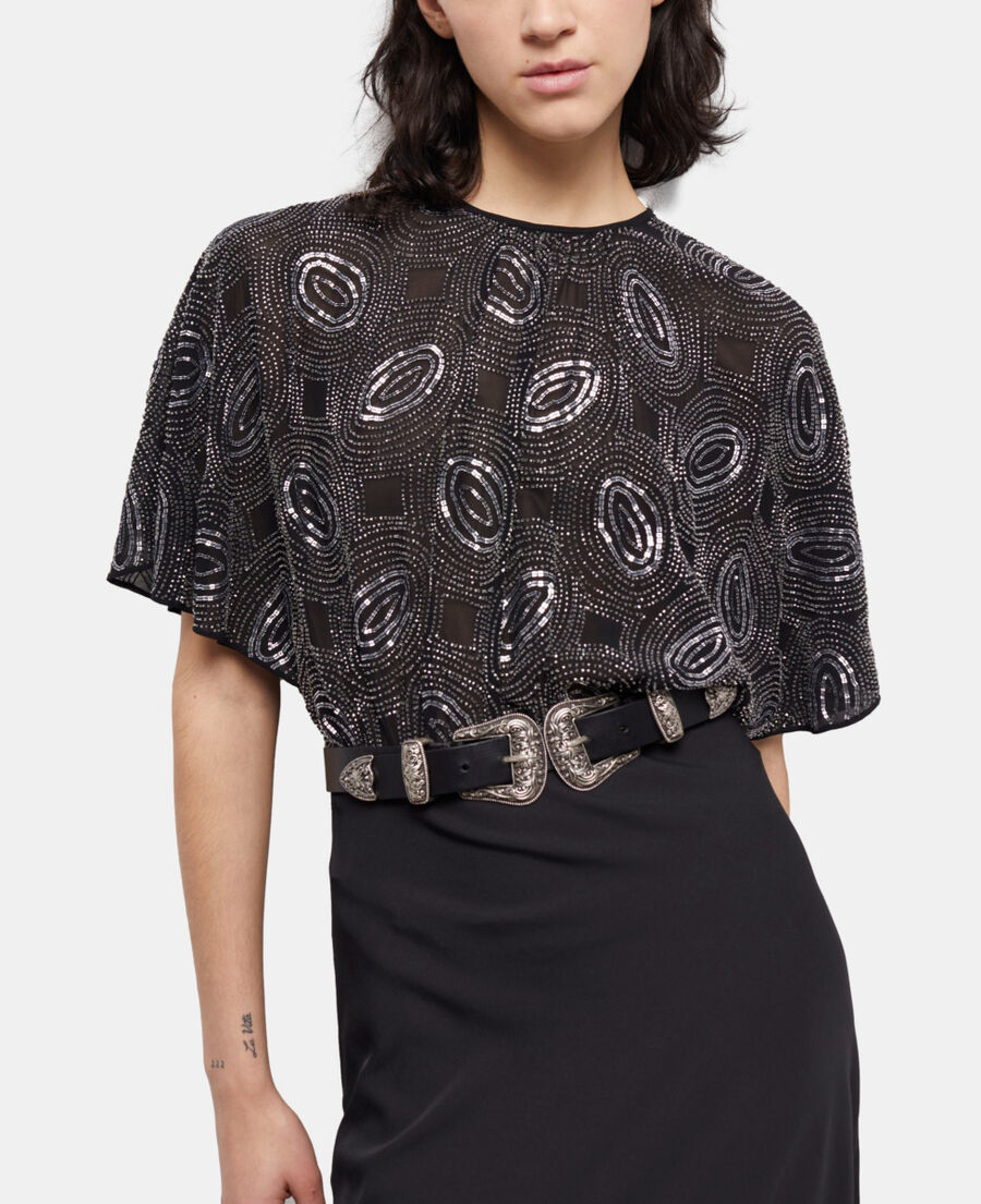 robe longue noire à perles argentées