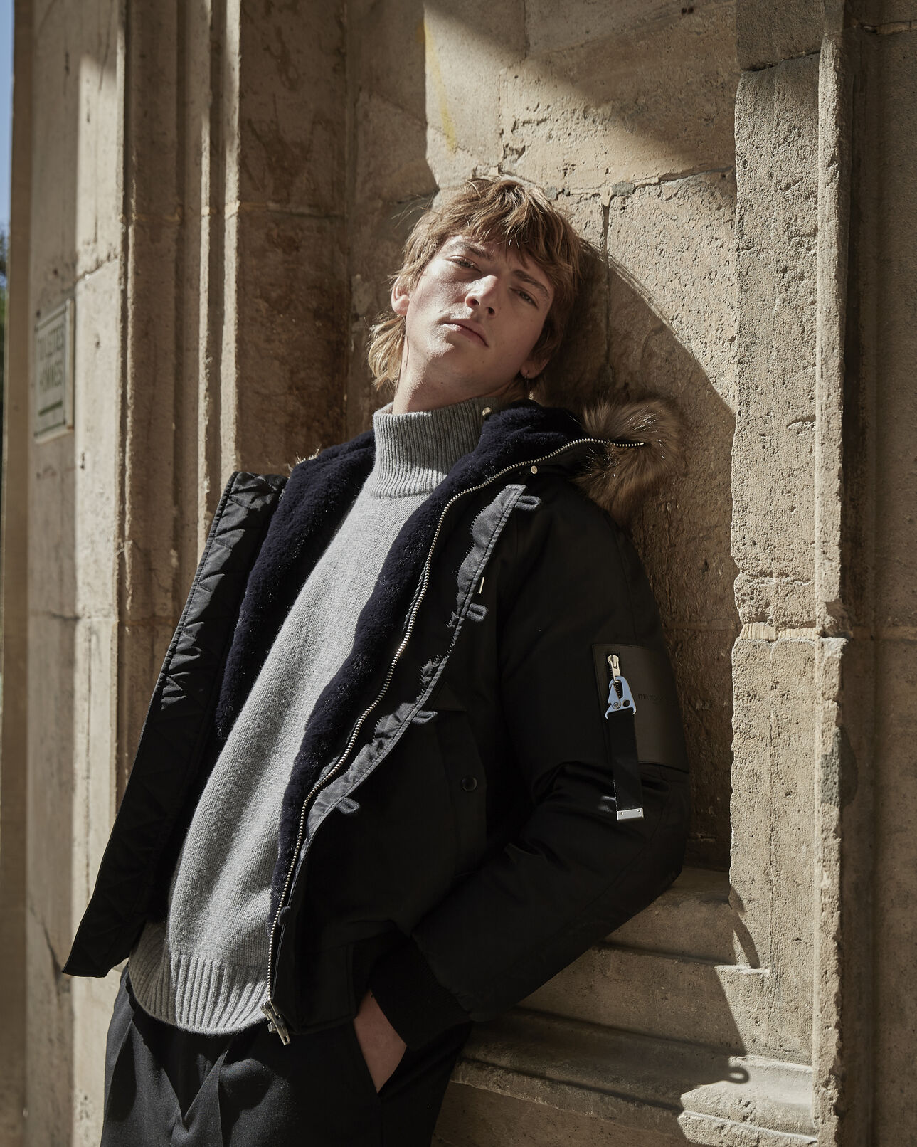 The Kooples MEN BLACK hooded furry black down jacket