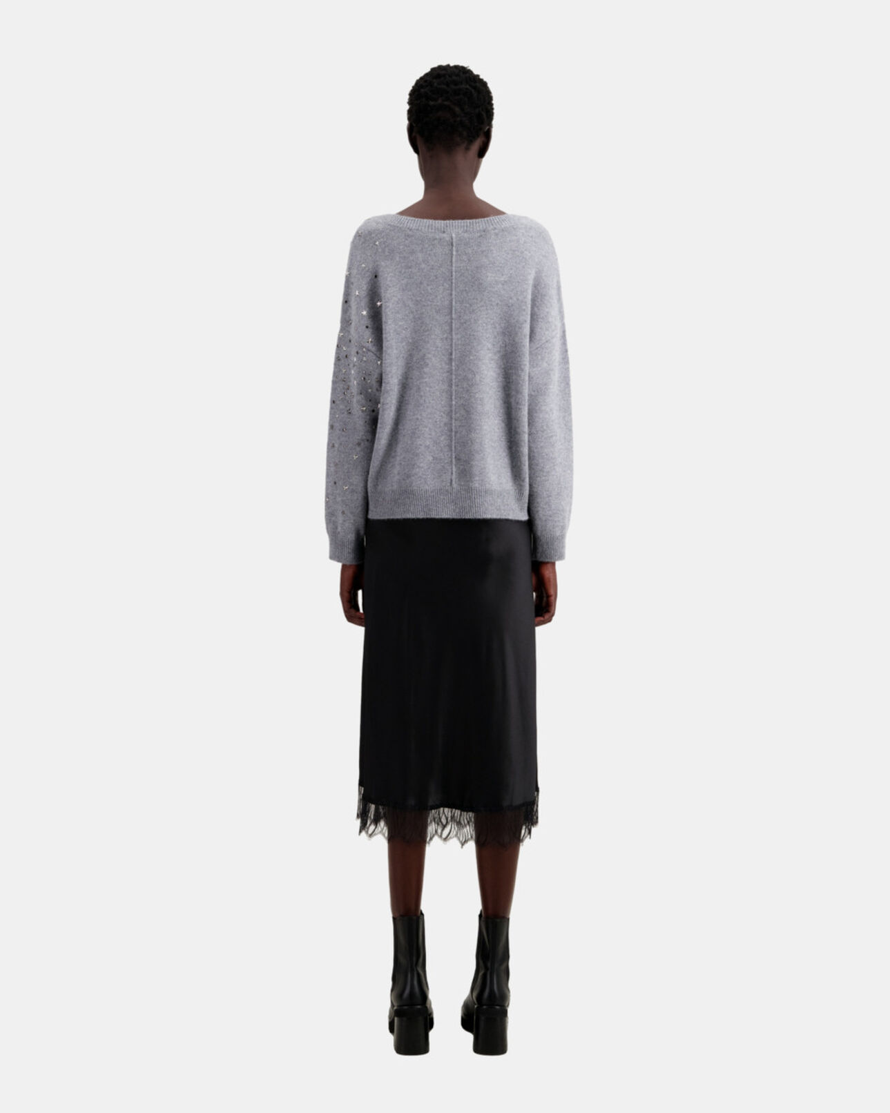 The Kooples FEMME MIDDLE GREY MEL pull gris en mélange de cachemire avec étoiles