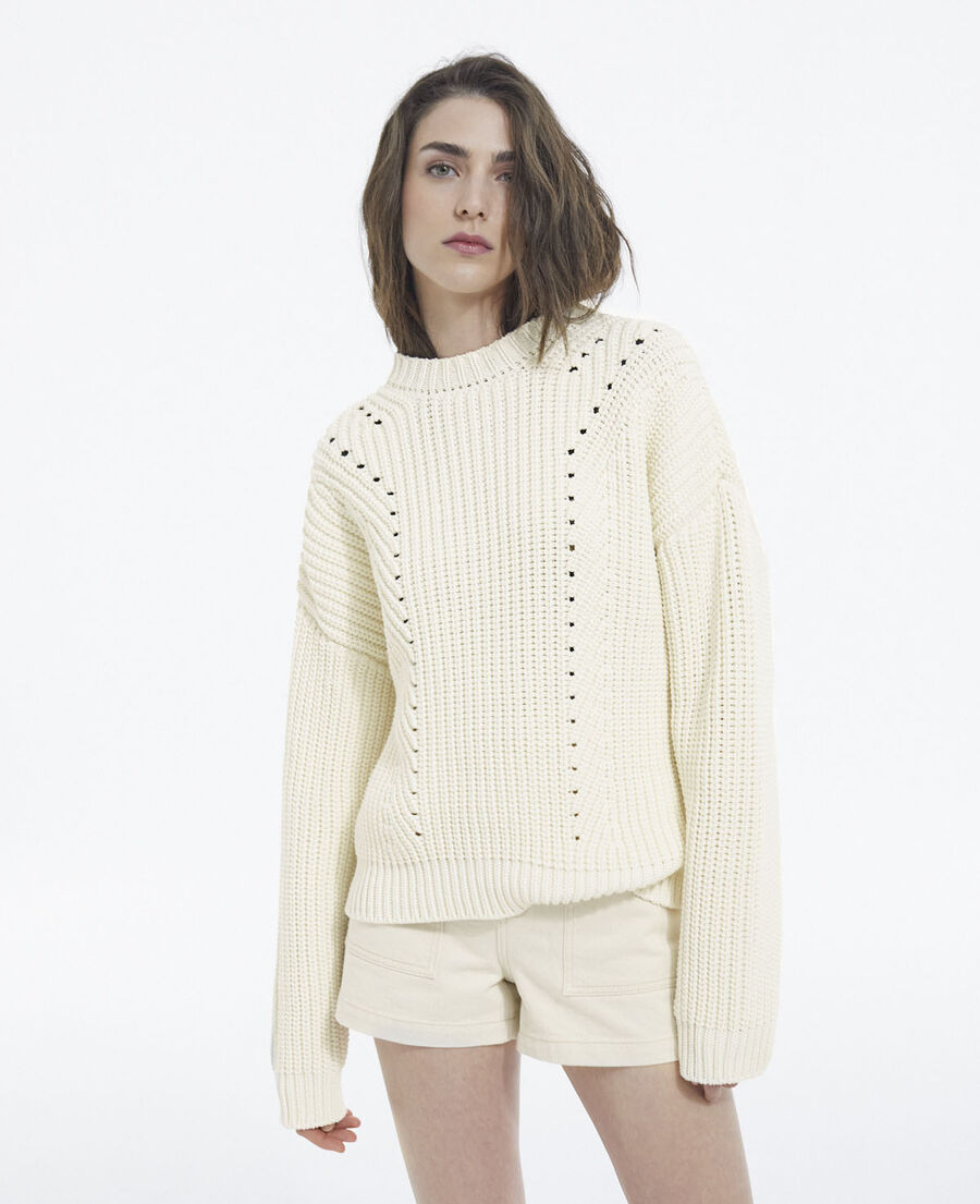 openwork detailing loose-fit ecru cotton sweater