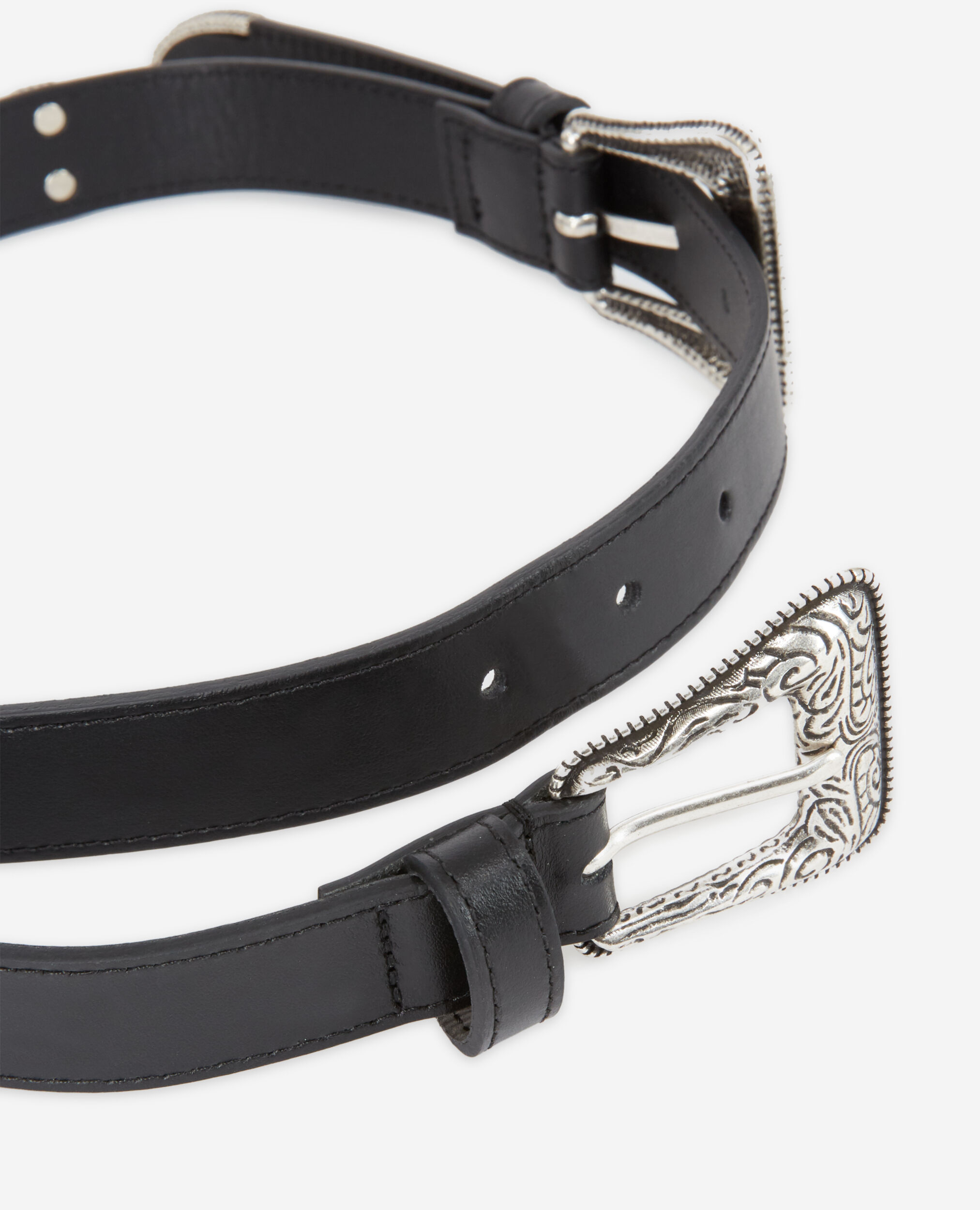 Black double buckle western-style belt, BLACK, hi-res image number null