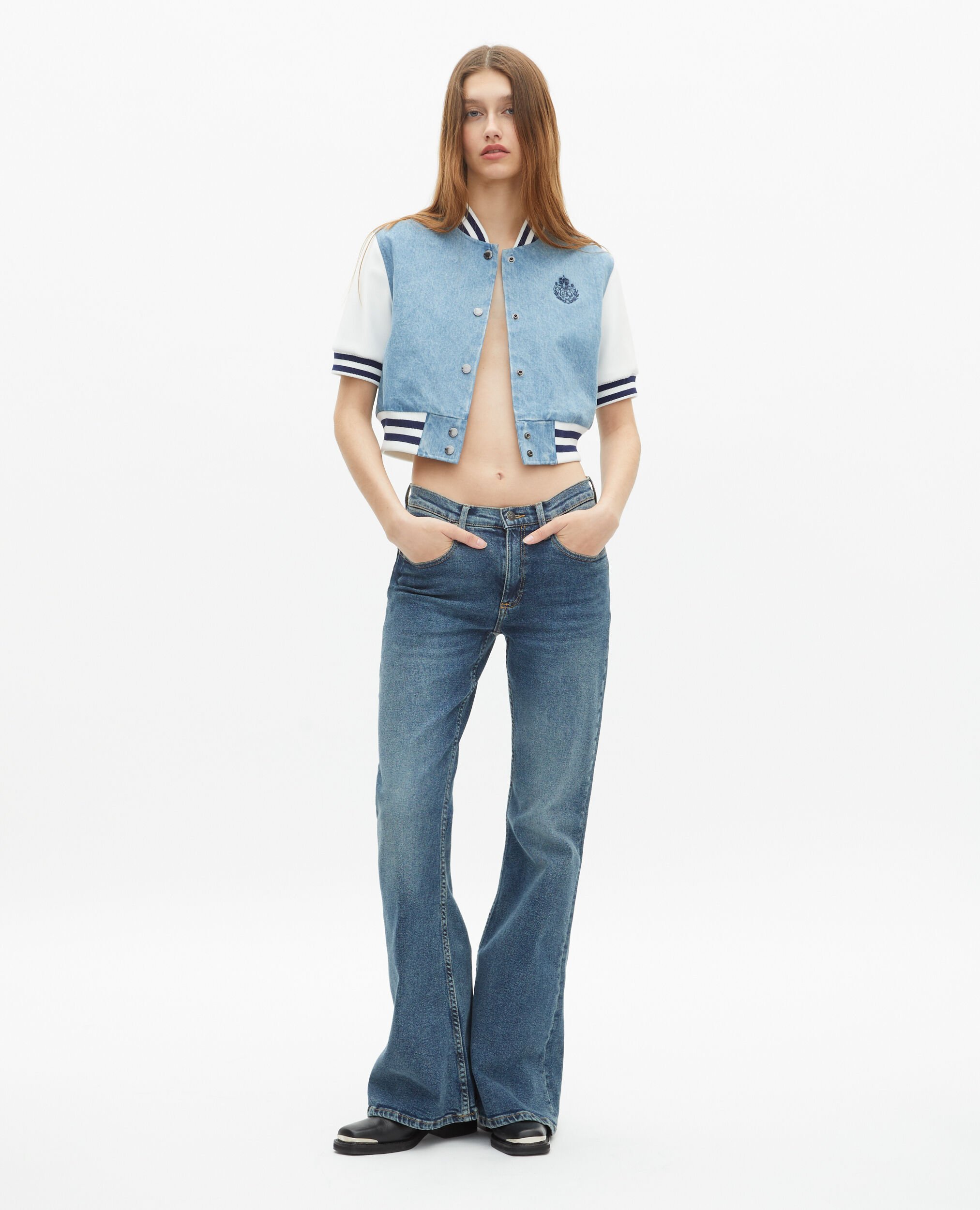 Blouson teddy manches courtes en denim, BLUE WHITE, hi-res image number null