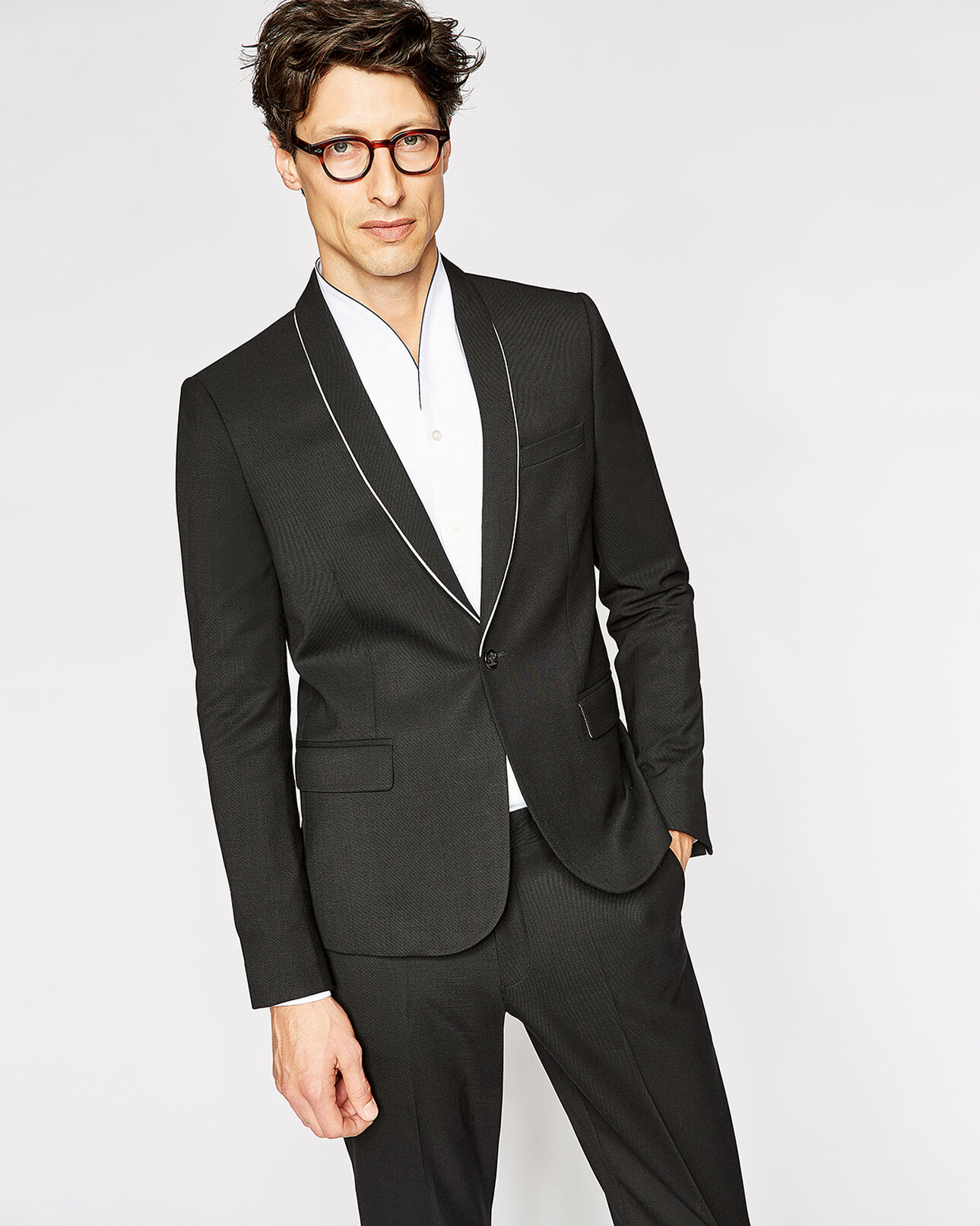 The Kooples MEN BLACK black suit jacket with ecru piping