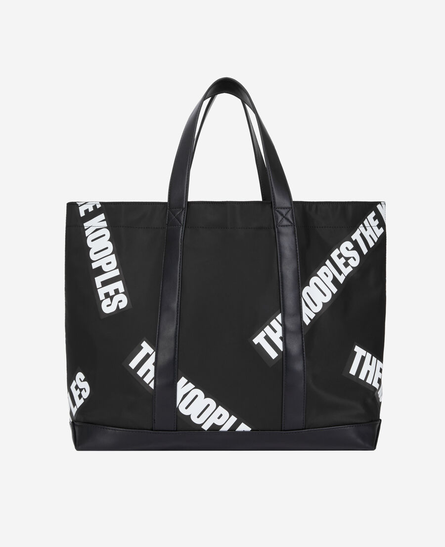 large black tote bag with tape logo