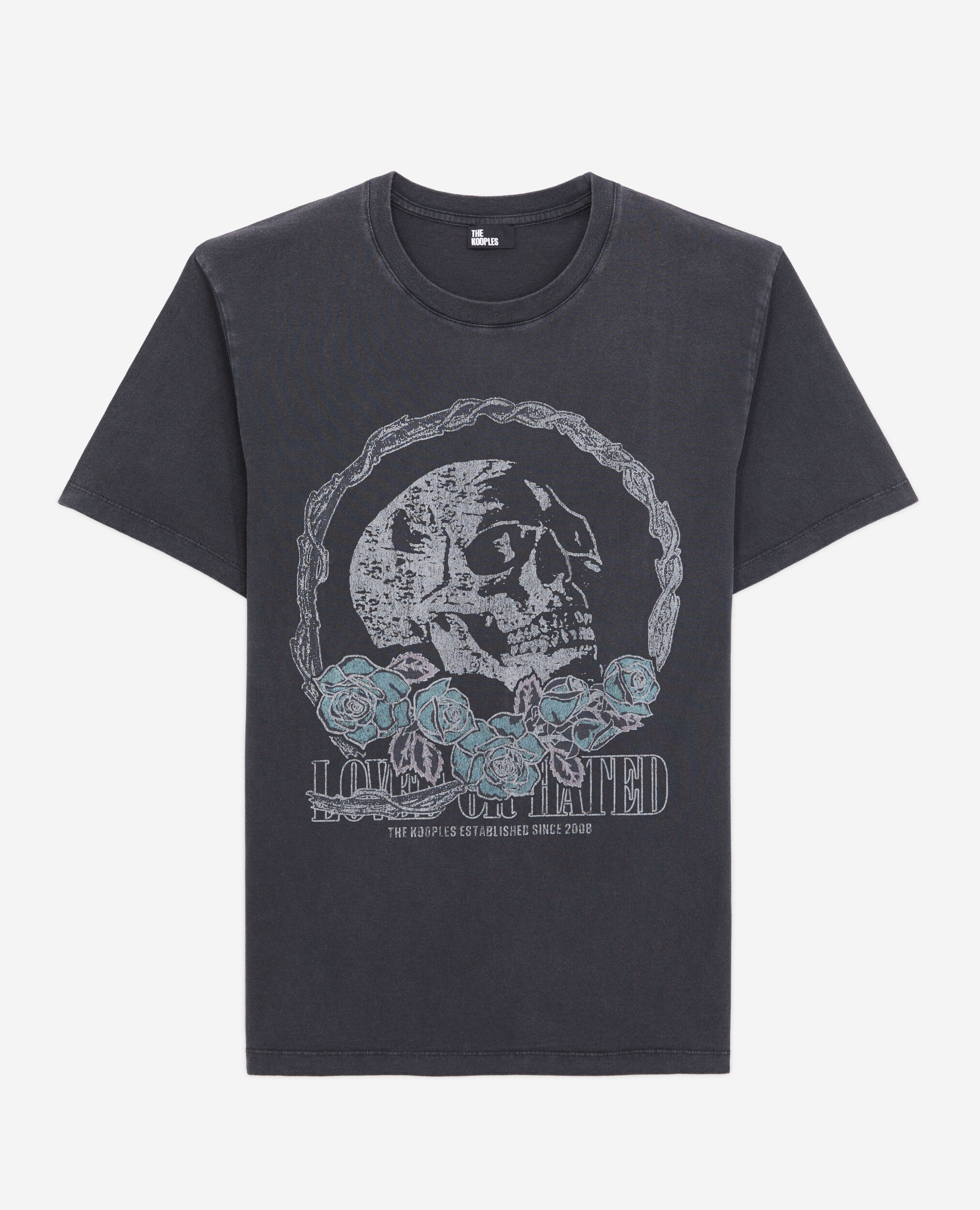 Schwarzes T-Shirt Herren mit Vintage-Skull-Siebdruck, BLACK WASHED, hi-res image number null