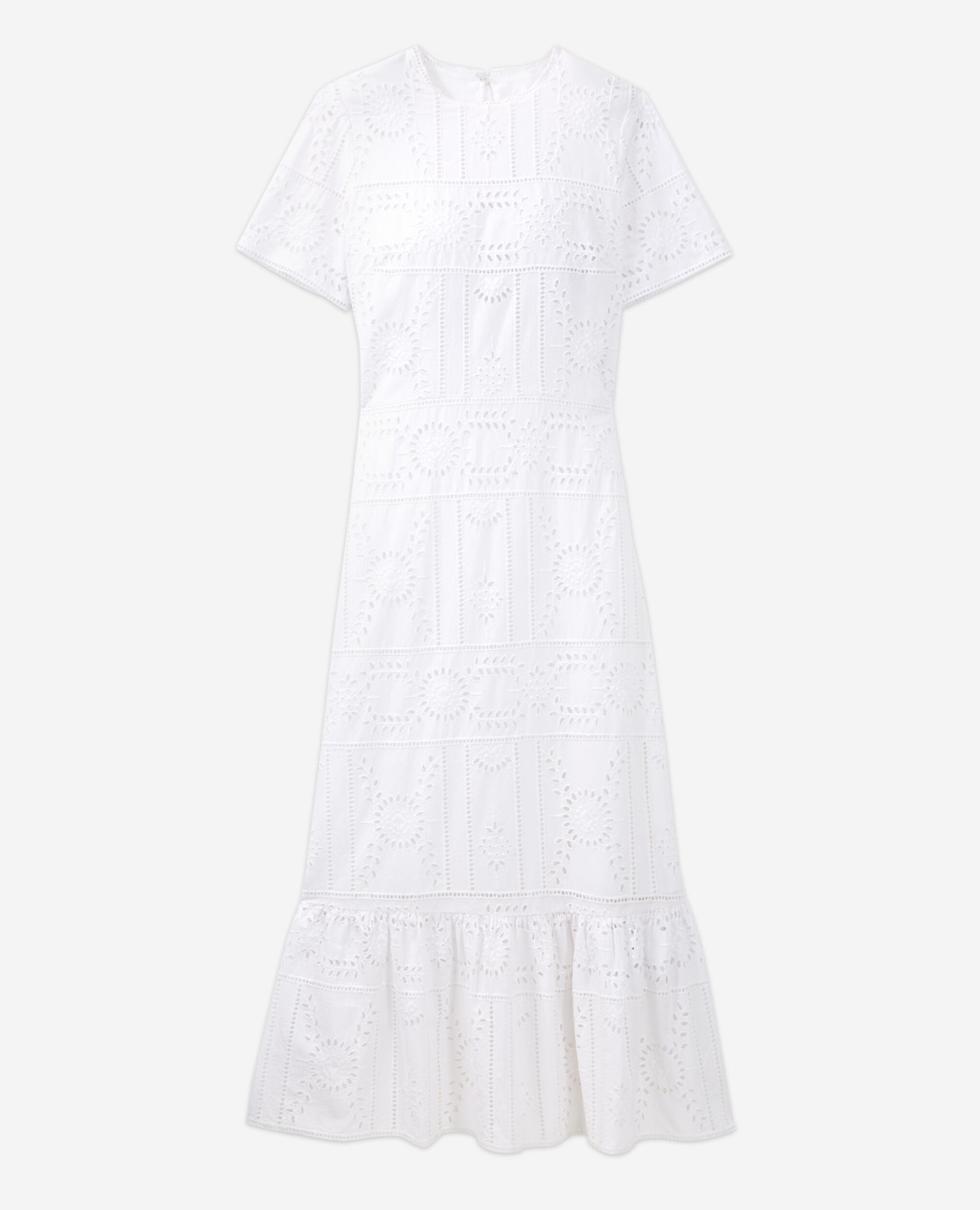Long white embroidered dress with crew neck, WHITE, hi-res image number null