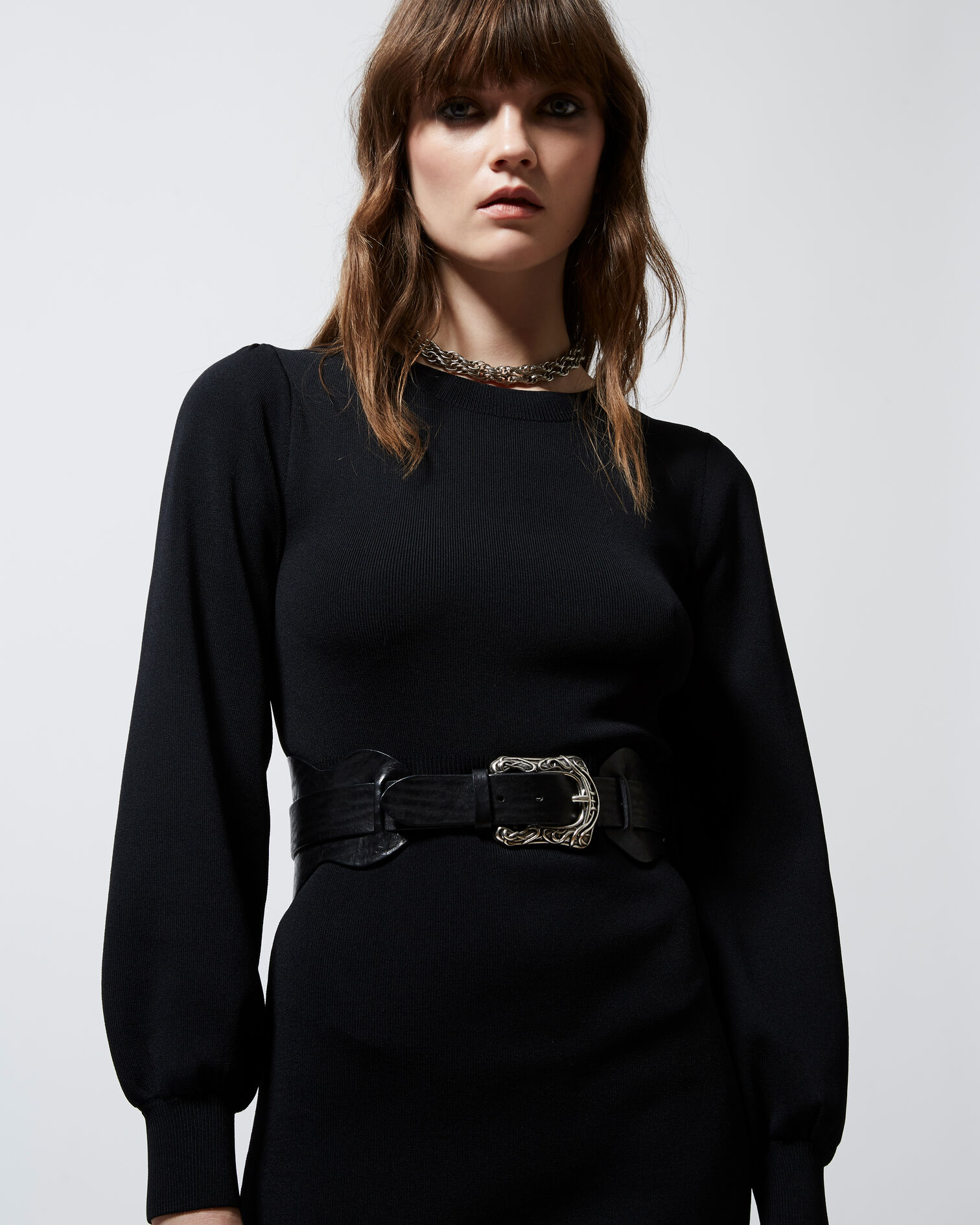 Fitted black short knitted dress, BLACK, hi-res image number null