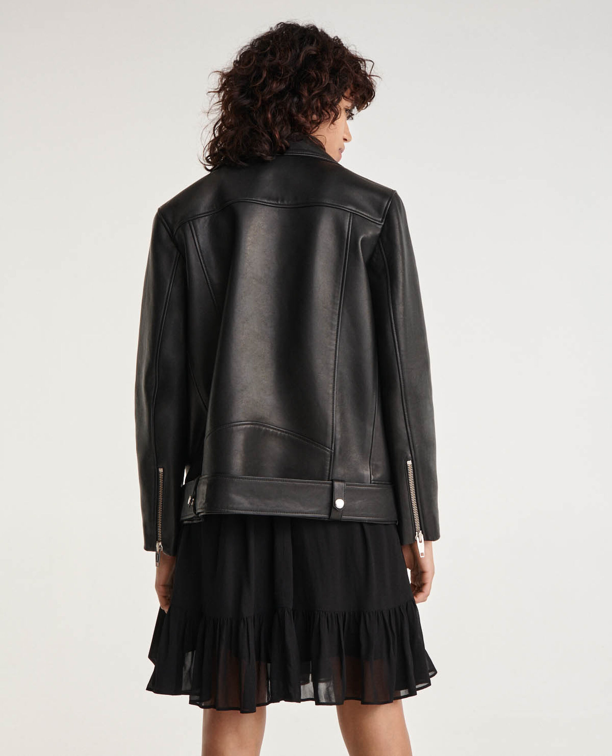 Oversized zipped black leather jacket, BLACK, hi-res image number null