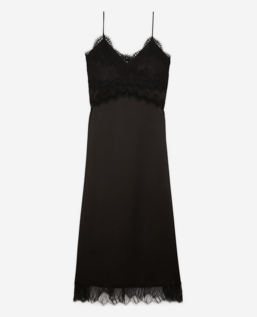 The Kooples WOMEN BLACK long black silk slip dress with lace details