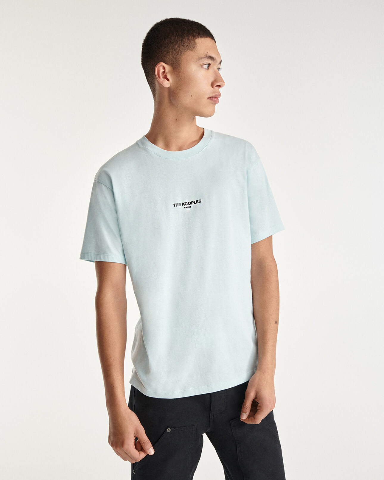 The Kooples MEN SKY BLUE blue cotton t-shirt with breast logo