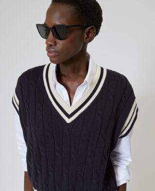 The Kooples FEMME NAVY ECRU pull sans manches en coton marine