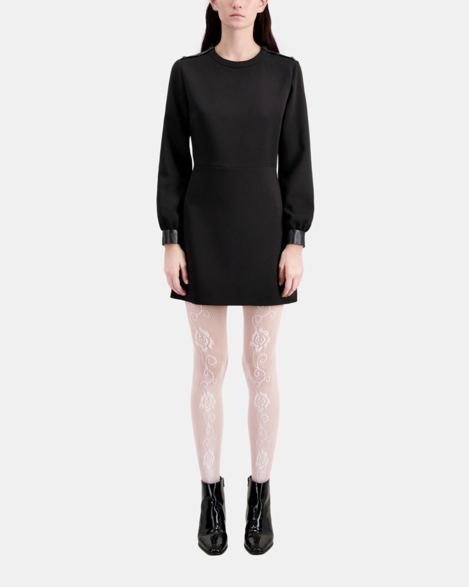 Kurzes Kreppkleid mit Lederdetails, BLACK, hi-res image number null