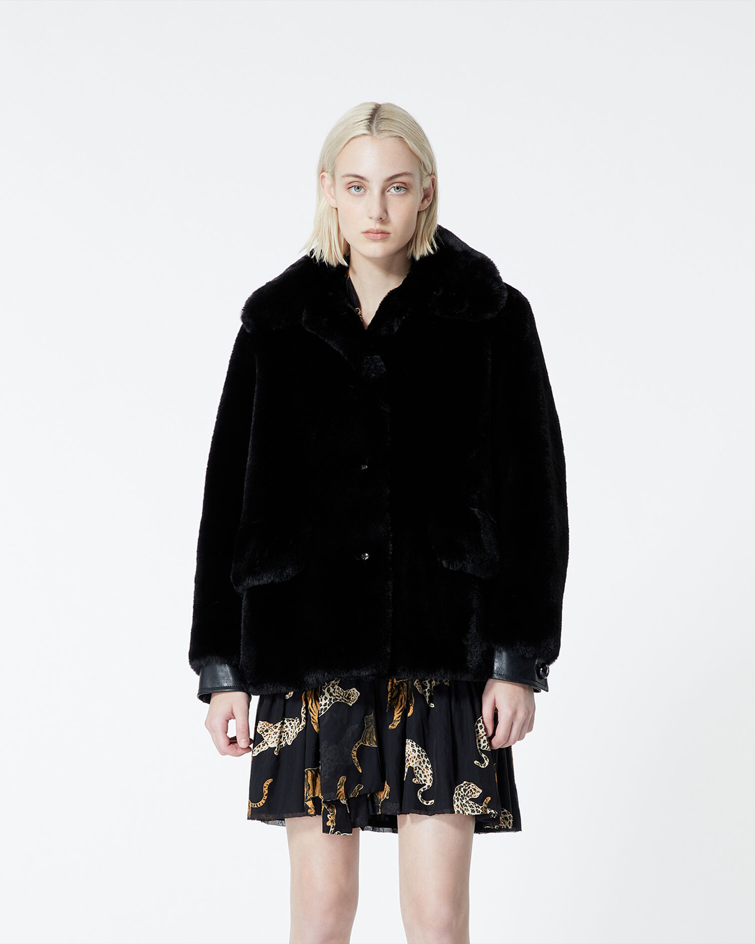 Short black faux fur coat, BLACK, hi-res image number null
