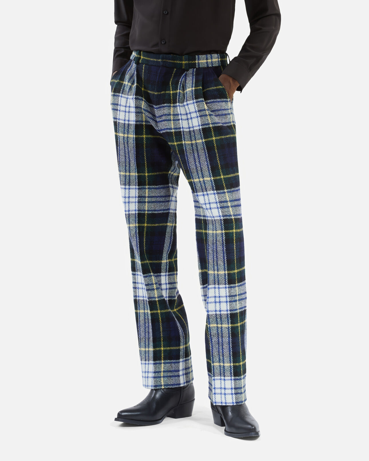 The Kooples MEN GREEN-WHITE green and navy blue check wide-leg wool pants the kooples x harris tweed