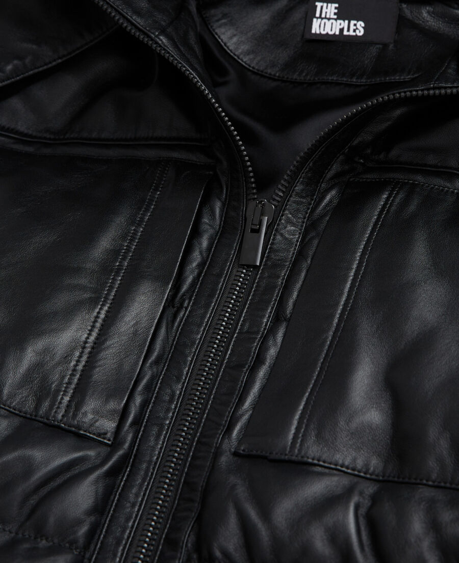 black leather down jacket with straps