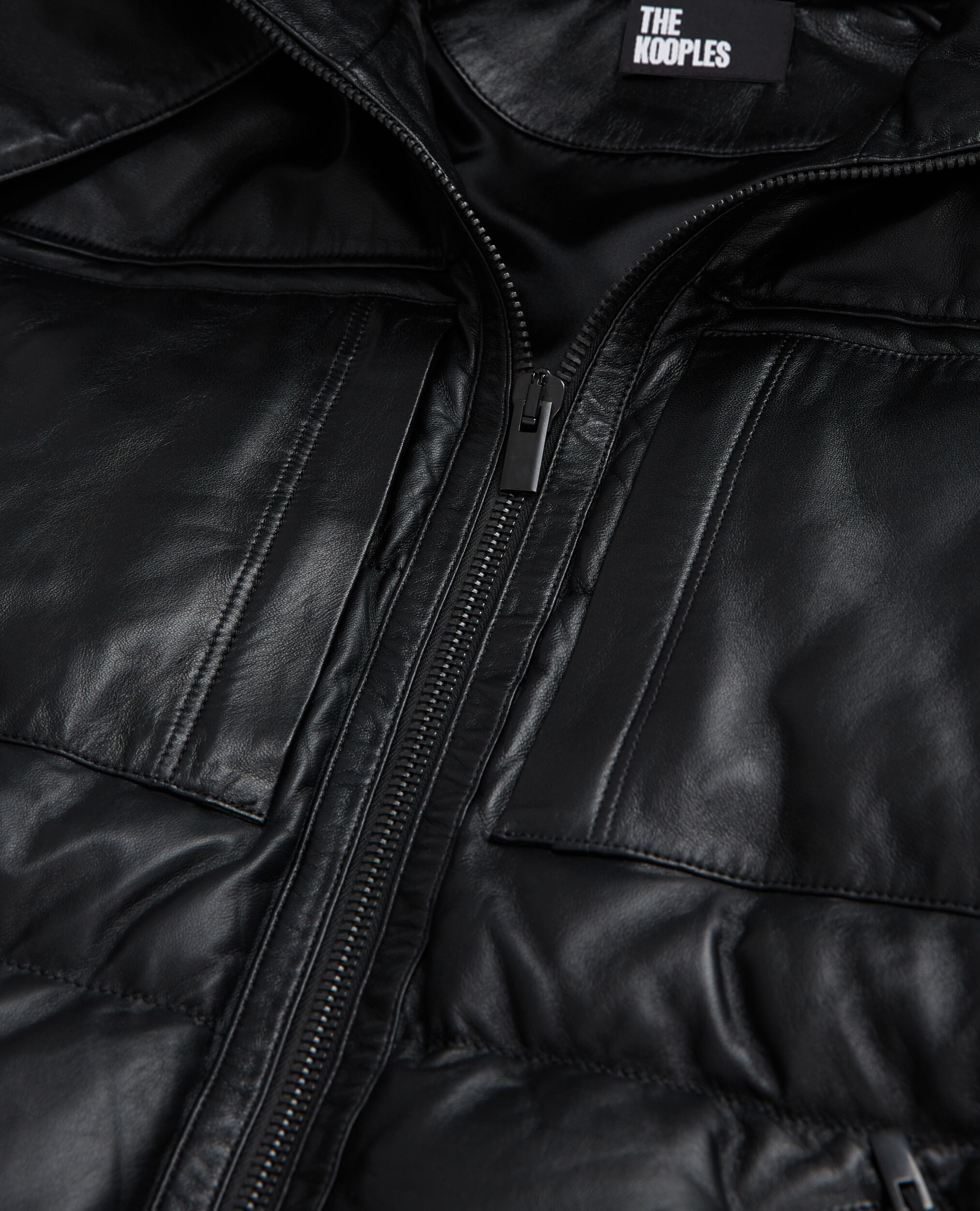Black leather down jacket with straps, BLACK, hi-res image number null